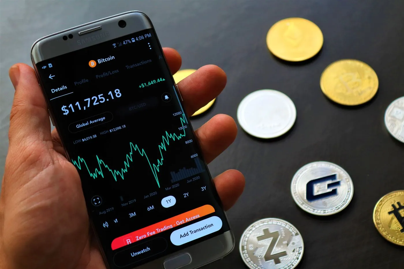 ruka s telefonem zobrazujícím bitcoin a mince
